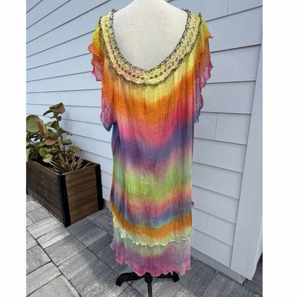 Multicolor Kaftan Knit Beach Coverup Hand Died Midi Dress Hobo Boho Artsy Large - Picture 4 of 7